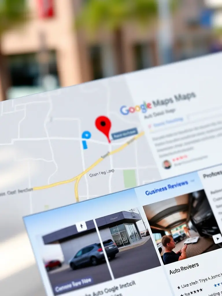 A close-up shot of a Google Maps listing for an auto dealership, highlighting its prominent placement in local search results, emphasizing the benefits of local SEO.