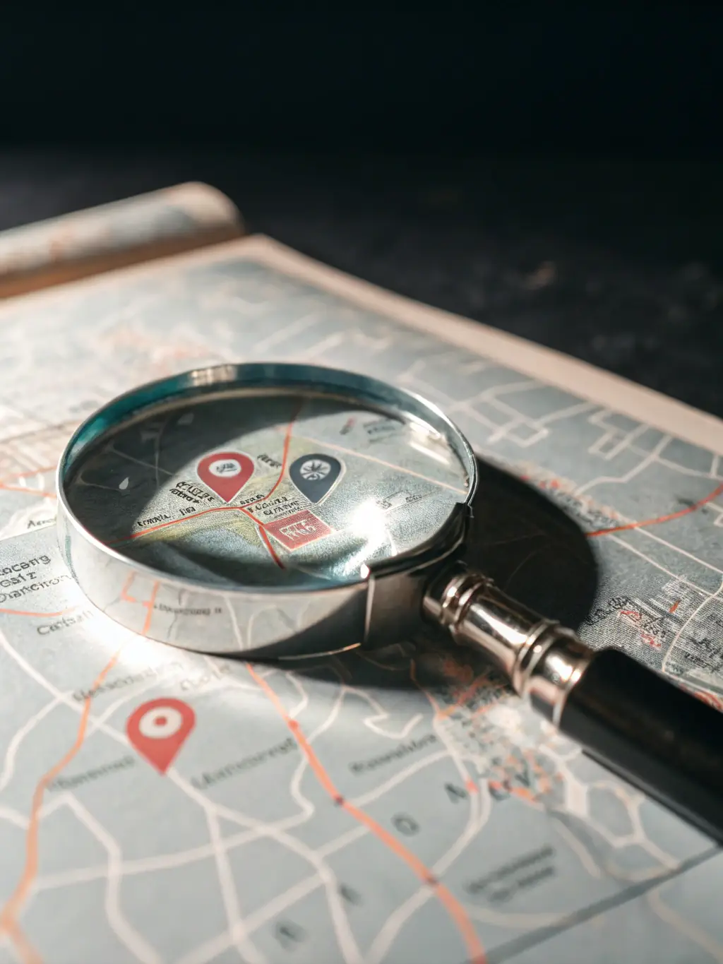 A graphic illustration showing a magnifying glass over a map, highlighting local SEO strategies for auto dealerships.