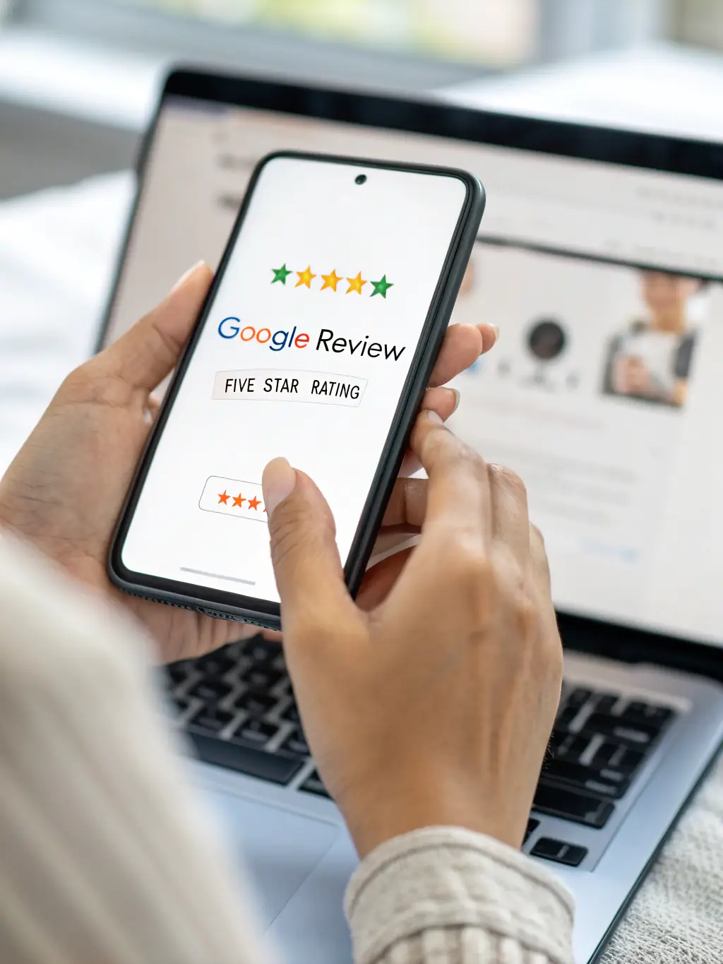 A close-up shot of a car dealership's Google Business Profile on a mobile phone, showcasing a high star rating and positive customer reviews, emphasizing the impact of local SEO.