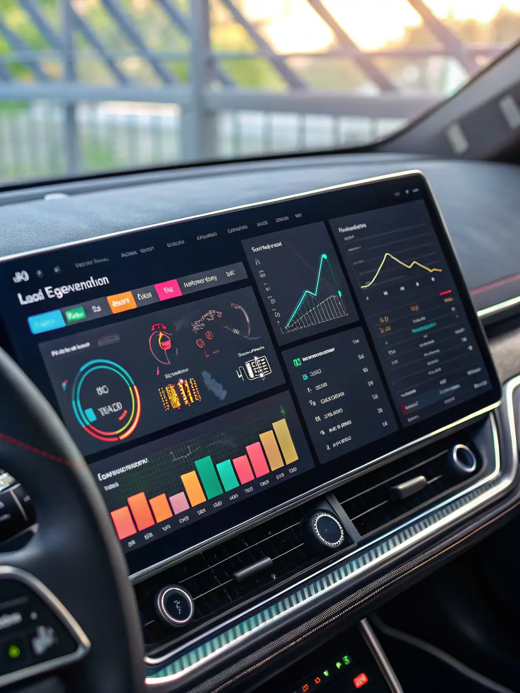 A close-up shot of a data analytics dashboard displaying positive ROI metrics, with a blurred background of a modern auto dealership.